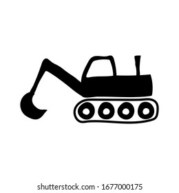 Excavator icon. Black silhouette. Side view. Vector graphic hand drawing. Cartoon illustration. Isolated object on a white background. Isolate.