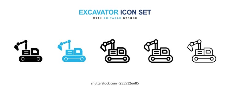 Excavator icon collection in black and blue colors