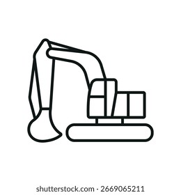 Icono de excavadora en estilo de línea para obras de construcción, ingeniería y elementos visuales de edificios.