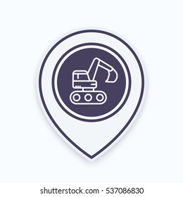 excavator icon in linear style on map pointer, vector illustration