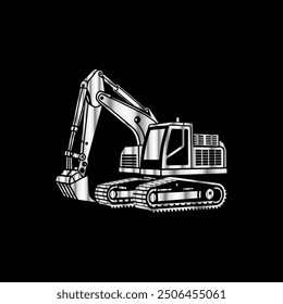 excavator icon on the black background. Vector illustration.