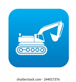 Excavator icon on blue button, clean vector