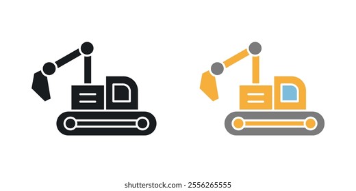 Excavator icon set in black and colored versions.