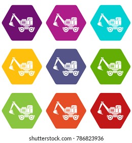 Excavator icon set many color hexahedron isolated on white vector illustration