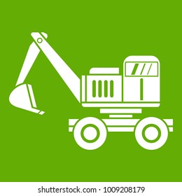 Excavator icon white isolated on green background. Vector illustration