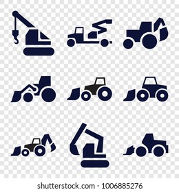 Excavator icons. set of 9 editable filled excavator icons such as excavator