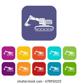 Excavator icons set vector illustration in flat style In colors red, blue, green and other