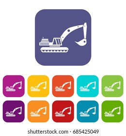 Excavator icons set vector illustration in flat style in colors red, blue, green, and other