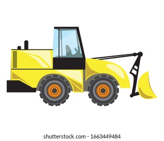 An excavator or industrial tractor with a bucket for work on  in a quarry isolated on a white background for design. Flat vector stock illustration with heavy machine, wheels, glasses and bucket 