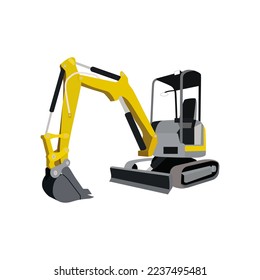 Сompact excavator isolated on the white background. Vector illustration of copmact industrial machine with scoop