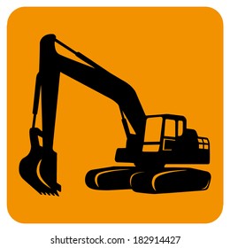 Excavator isolated. Vector icon. Sketch in black lines. Yellow background