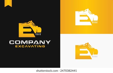 excavator letter E logo design excavating vector template illustration