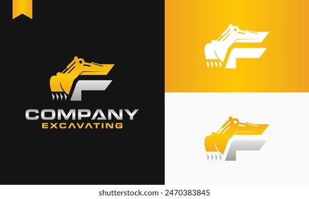excavator letter F logo design excavating vector template illustration