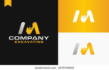 excavator letter M logo design excavating vector template illustration