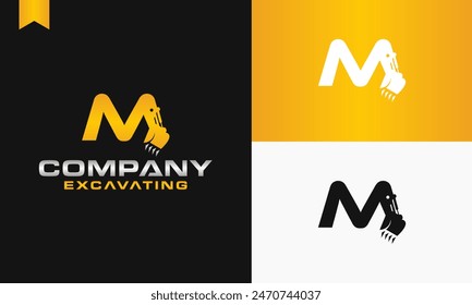 excavator letter M logo design excavating vector template illustration