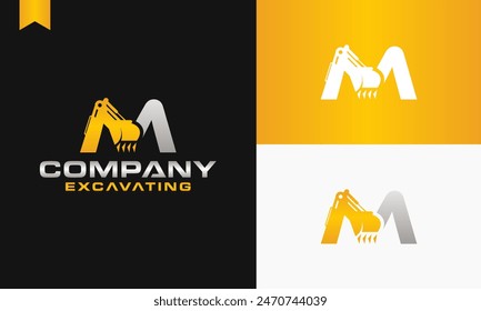 excavator letter M logo design excavating vector template illustration