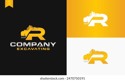 excavator letter R logo design excavating vector template illustration