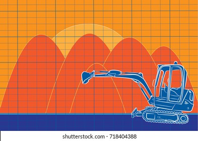 Excavator line art with bucket at construction site with sun rise. Colorful orange abstract background with blueprint overlay.