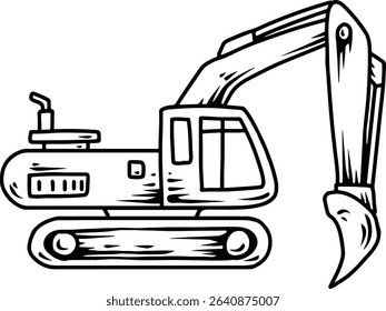 Excavator line art with digging arm and track base