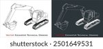 Excavator. Line drawing blueprint  wireframe vector 3d excavator isolated on transparent background.