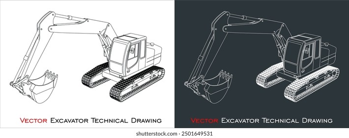 Excavator. Line drawing blueprint  wireframe vector 3d excavator isolated on transparent background.