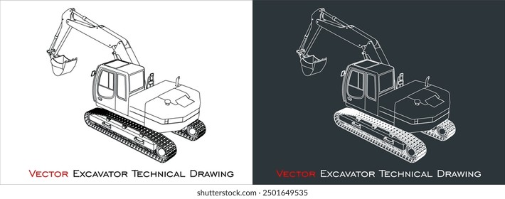 Excavator. Line drawing blueprint  wireframe vector 3d excavator isolated on transparent background.