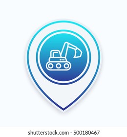 excavator line icon on map pointer, vector illustration