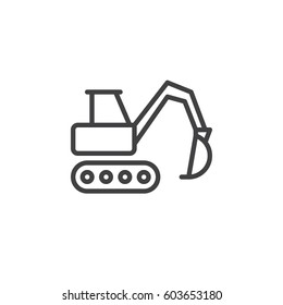 Excavator line icon, outline vector sign, linear style pictogram isolated on white.  Heavy construction equipment symbol, logo illustration. Editable stroke. Pixel perfect