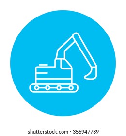 Excavator line icon for web, mobile and infographics. Vector white icon on the light blue circle isolated on white background.