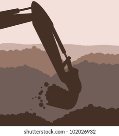 Excavator loader at construction site with raised bucket vector background