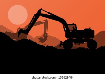 Excavator loader at construction site with raised bucket vector background