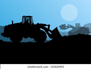 Excavator loader at construction site with raised bucket vector background