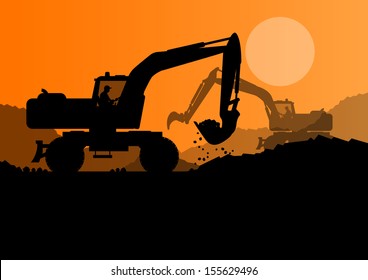 Excavator loader at construction site with raised bucket vector background