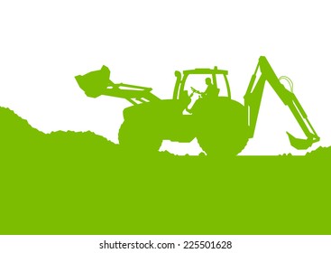 Excavator loader digging at industrial construction site vector background illustration ecology card concept