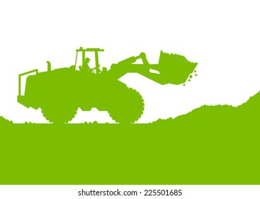 Excavator loader digging at industrial construction site vector background illustration ecology card concept