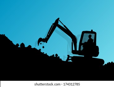 Excavator loader hydraulic machine tractor and workers digging at industrial construction site vector background illustration
