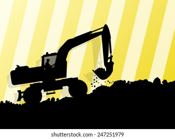 Excavator loader hydraulic machine tractor and worker digging at industrial construction site vector abstract background
