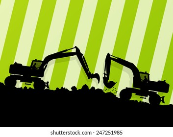 Excavator loader hydraulic machine tractor and worker digging at industrial construction site vector abstract background
