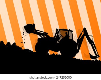 Excavator loader hydraulic machine tractor and worker digging at industrial construction site vector abstract background