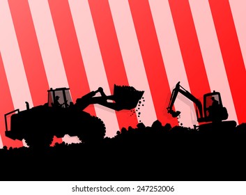 Excavator loader hydraulic machine tractor and worker digging at industrial construction site vector abstract background