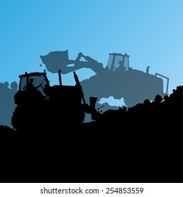 Excavator loader hydraulic machine tractor and bulldozer worker digging at industrial construction site vector abstract background