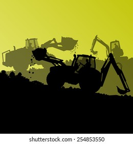 Excavator loader hydraulic machine tractors and bulldozer worker digging at industrial construction site vector abstract background