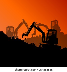 Excavator loader hydraulic machine tractors and workers digging at industrial construction site vector abstract background