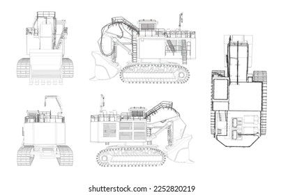 Excavator loader machinery industry illustration set of constructive vehicles and digging machine isolated on background