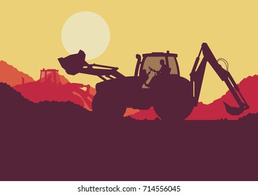 Excavator loader tractor digging ground earth industrial construction site vector background illustration