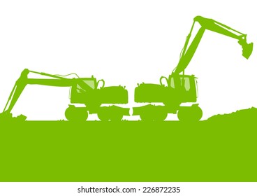 Excavator loader tractor digging at industrial construction site vector background illustration