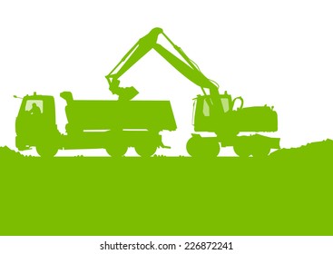 Excavator loader tractor digging at industrial construction site vector background illustration