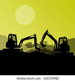 Excavator loaders, hydraulic machines, tractors and workers digging at industrial construction site vector background illustration