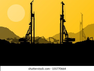 Excavator loaders, hydraulic pile drilling machines, tractors and workers digging at industrial construction site vector background illustration