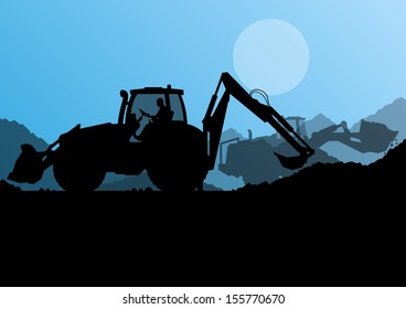 Excavator loaders, hydraulic pile drilling machines, tractors and workers digging at industrial construction site vector background illustration
